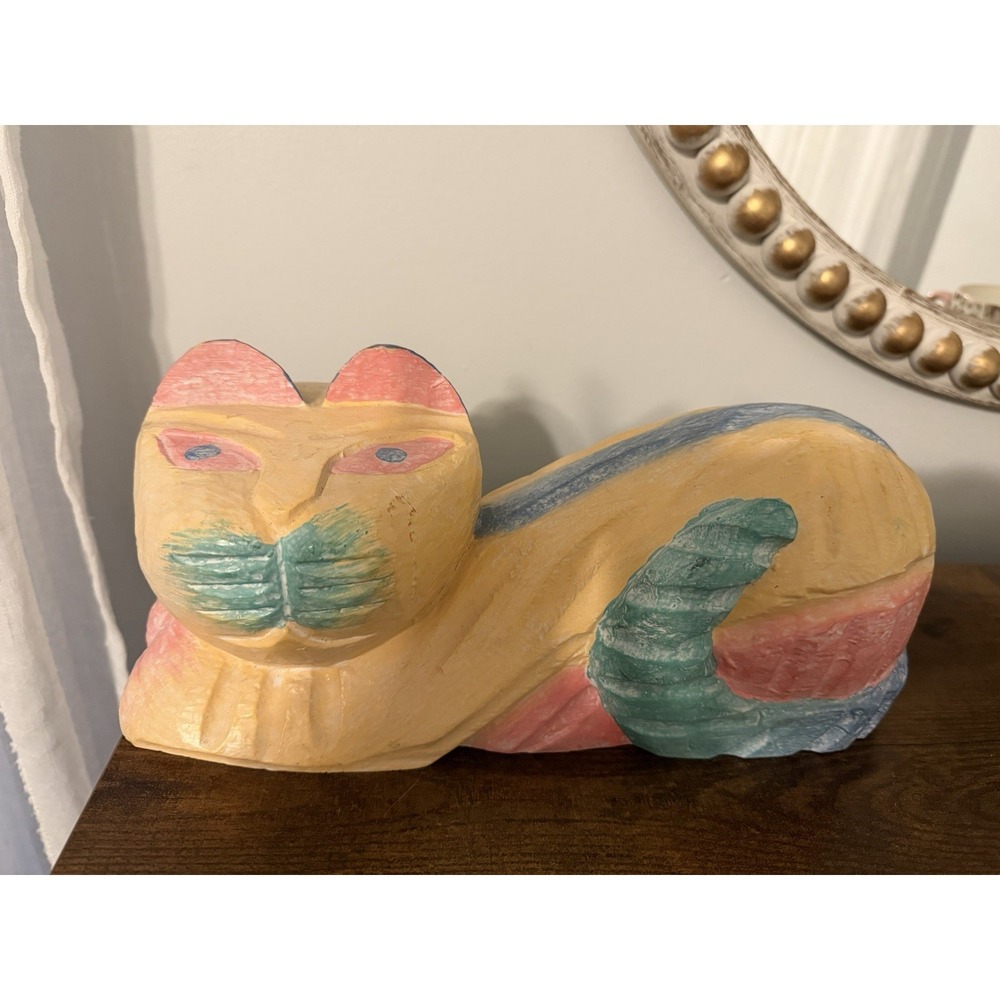 Vintage Folk Art Wood Cat Sculpture Pastel Primitive Carved Indonesia 12"